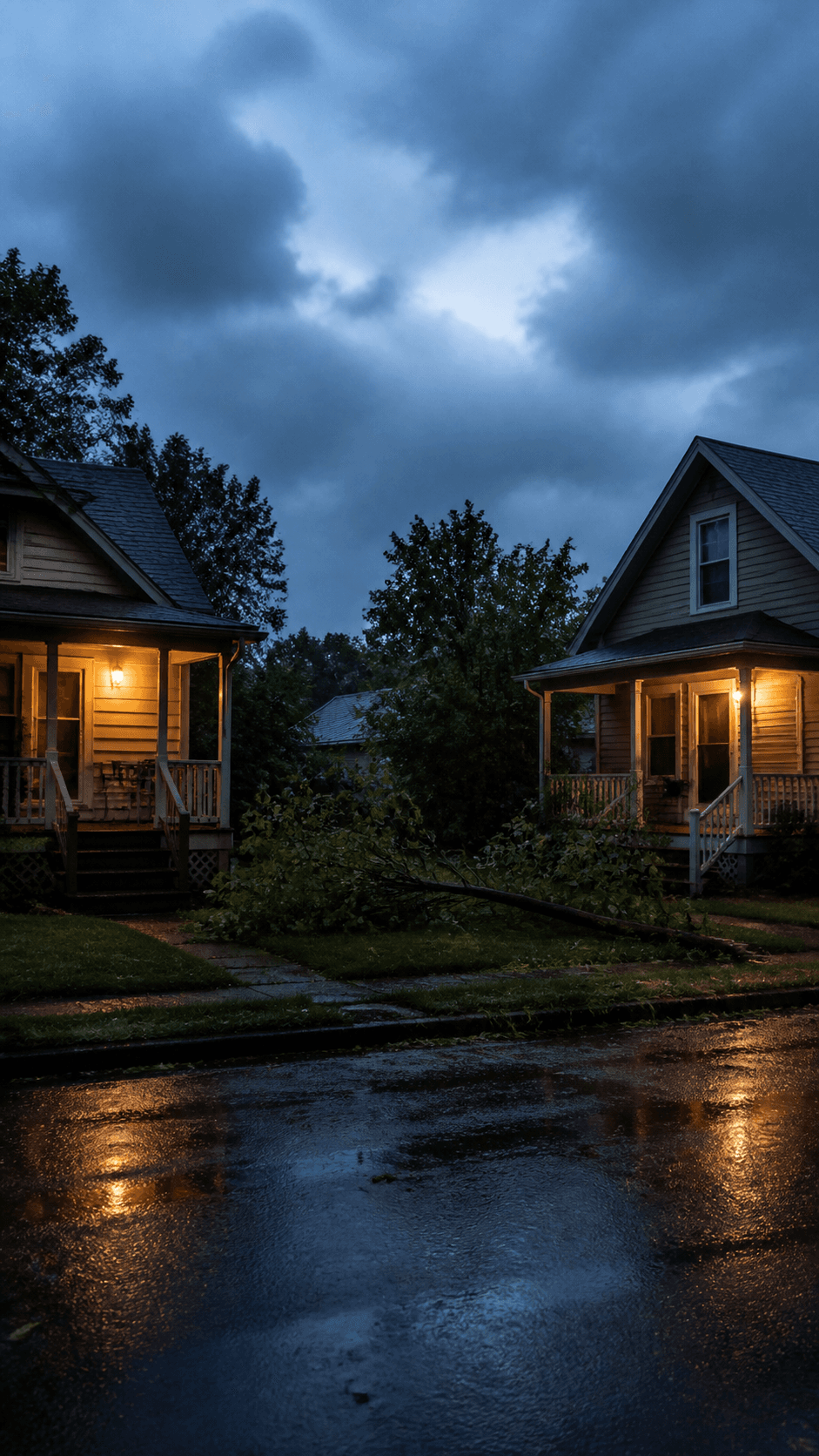Two neighboring porches glowing after a storm with a fallen branch between them. Fictional prototype imagery.