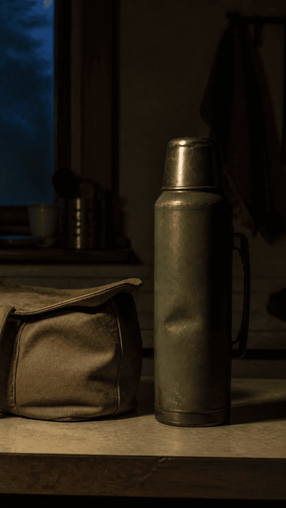 A dented green thermos beside a worn lunch bag in a dim kitchen. Fictional prototype imagery.