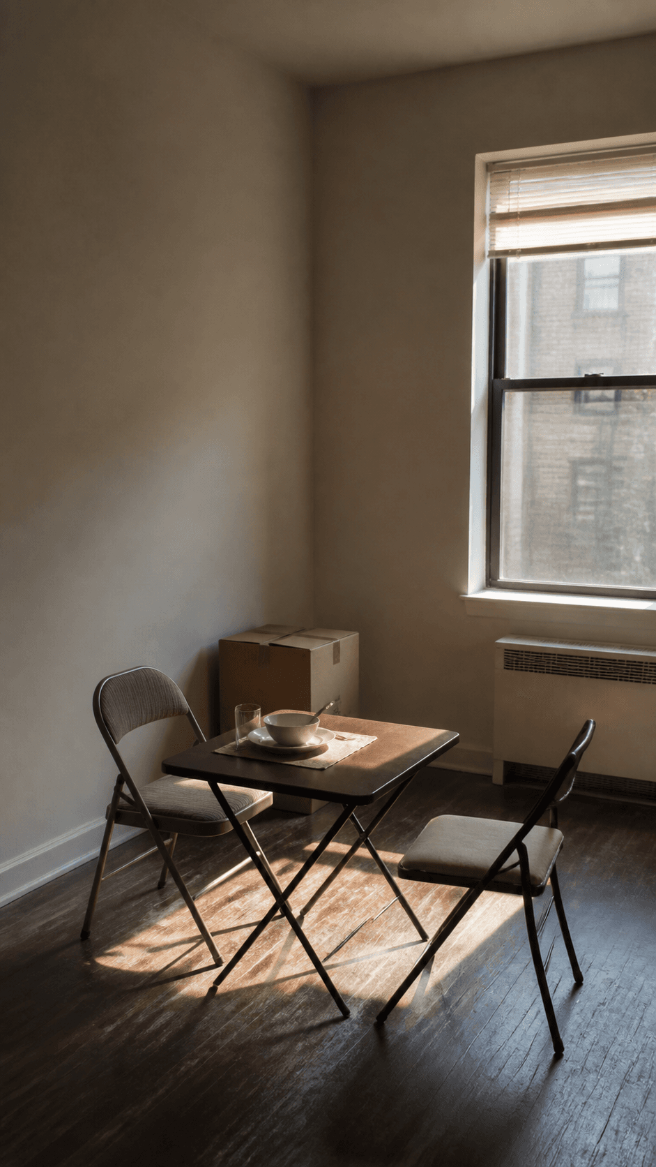 A folding table, two mismatched chairs, and a moving box in a mostly empty apartment. Fictional prototype imagery.