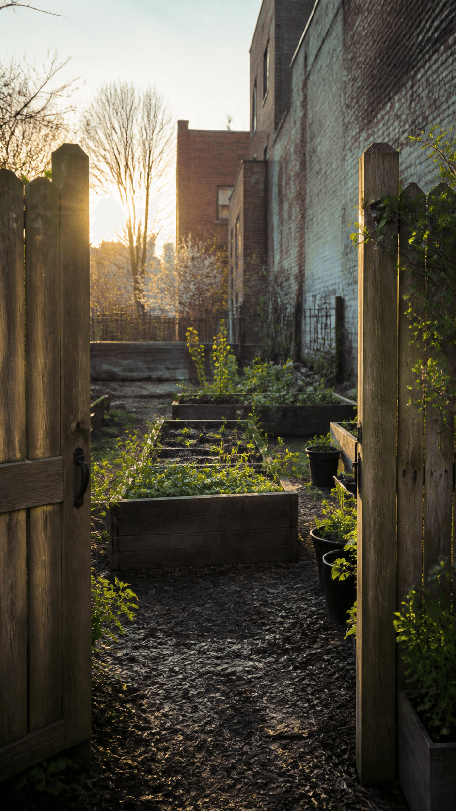An open wooden gate leading into a small city garden at sunrise. Fictional prototype imagery.