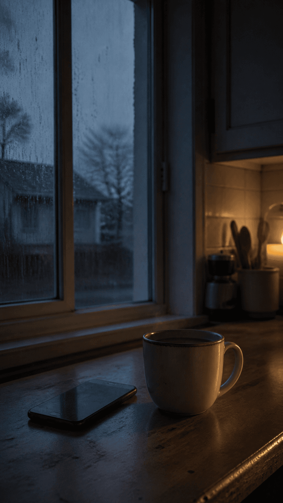 A warm mug and a face-down phone beside a rain-streaked kitchen window before dawn. Fictional prototype imagery.
