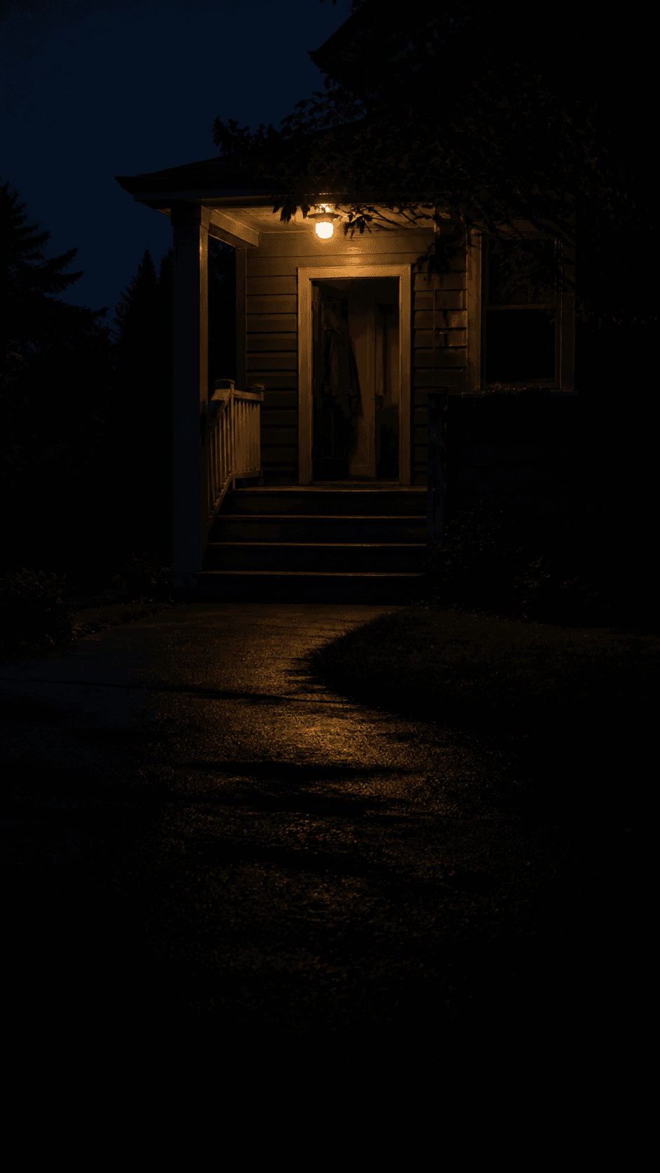 A warm porch light glowing over dark front steps. Fictional prototype imagery.